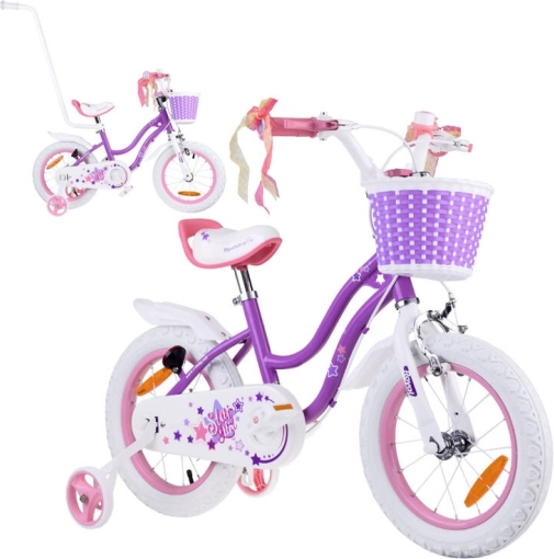 Detský bicykel RoyalBaby Star Girl 14 palcov s košíkom a bočnými kolieskami – Fialová