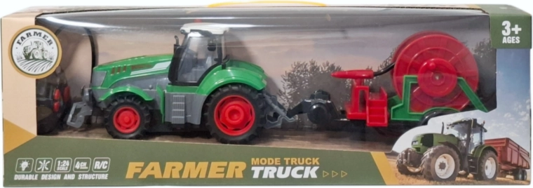 Rádiom ovládaný traktor s prívesom a navijakom na hadicu, so svetlom a nabíjačkou