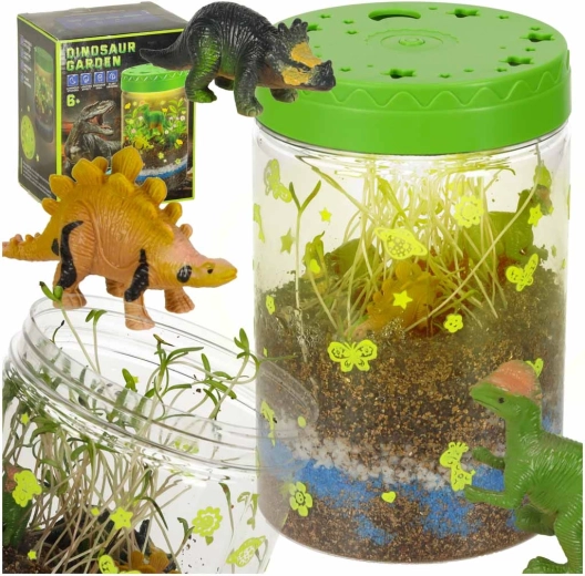 Terárium na pestovanie rastlín s LED lampou a dinosaurami