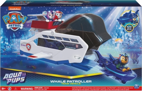 PAW Patrol Aqua Pups veľrybí patrolér s figúrkou Chase a vystreľovacím vozidlom