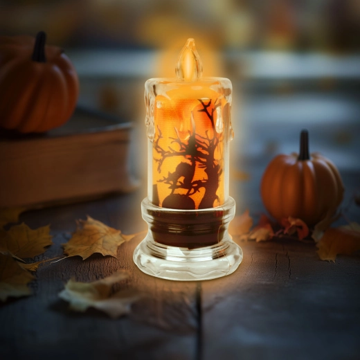 Halloweenová LED sviečka s netopierom a oranžovým svetlom