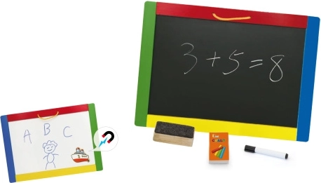 Drevená obojstranná magnetická tabuľa 42 × 30 cm s kriedami a fixkou