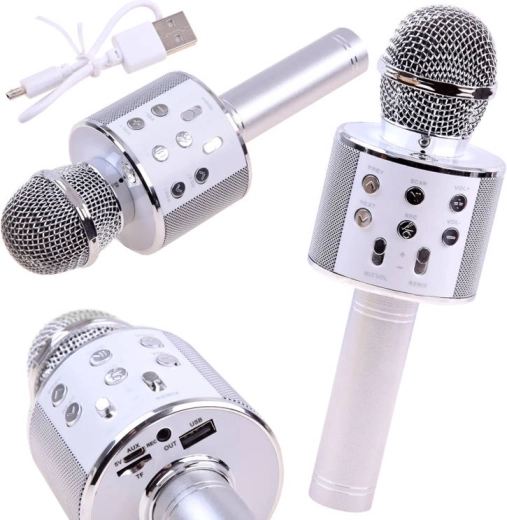 Bluetooth bezdrôtový karaoke mikrofón so zabudovaným reproduktorom – strieborný