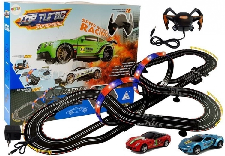 Závodná dráha 1:43 s 2 autíčkami Top Turbo so svetlami, dĺžka 7,6 m