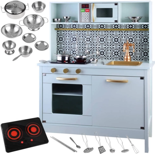 Mätová drevená detská kuchynka s riadom