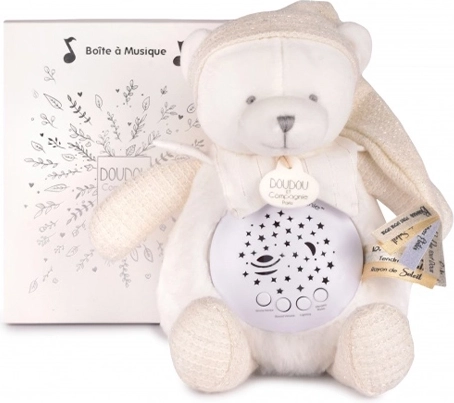 Doudou et Compagnie hudobné nočné svetielko s projekciou hviezd – biely macík – darčeková súprava