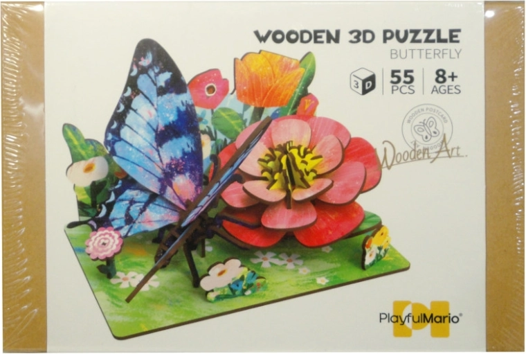 Drevené 3D puzzle DIY – lúka s motýľom a kvetmi