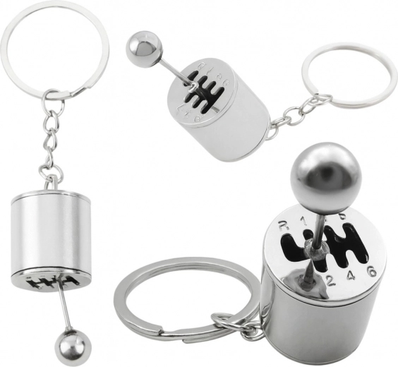 Kovový prívesok na kľúče v tvare radiacej prevodovky, strieborný