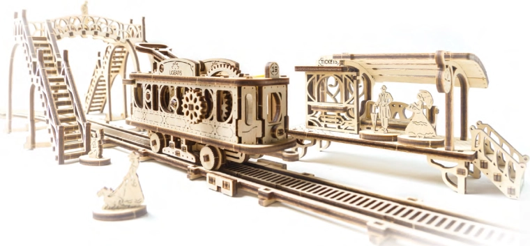 Drevená mechanická stavebnica UGEARS električková linka Mechanical Town