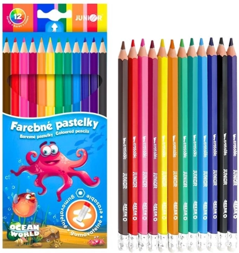 Gumovateľné šesťhranné pastelky Junior Ocean World, sada 12 ks