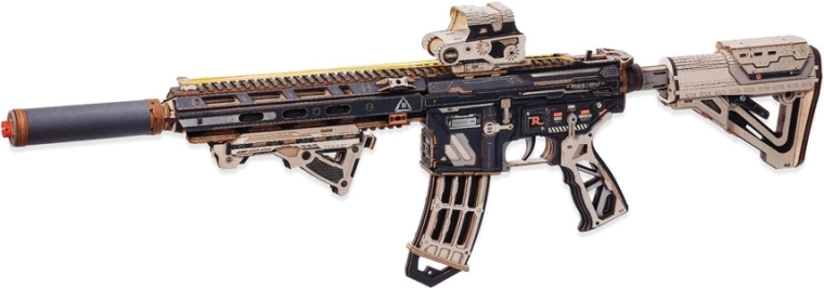RoboTime ROKR 3D drevená skladačka puška na vystreľovanie gumičiek M416 carbine
