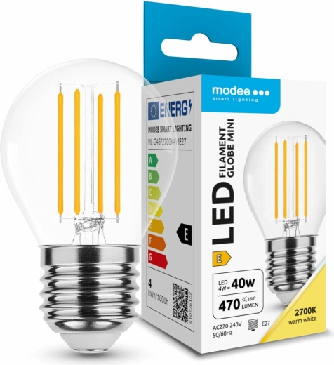 LED žiarovka Modee Filament Globe Mini G45 4 W E27, 430 lm, teplá biela