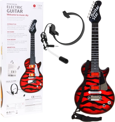 Detská elektrická gitara so slúchadlami a mikrofónom – Červená
