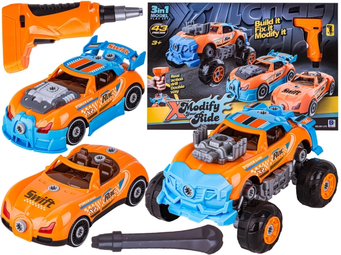 Rozoberateľné a zostaviteľné auto 3v1 tuning s aku skrutkovačom (monster truck) - 1 kus