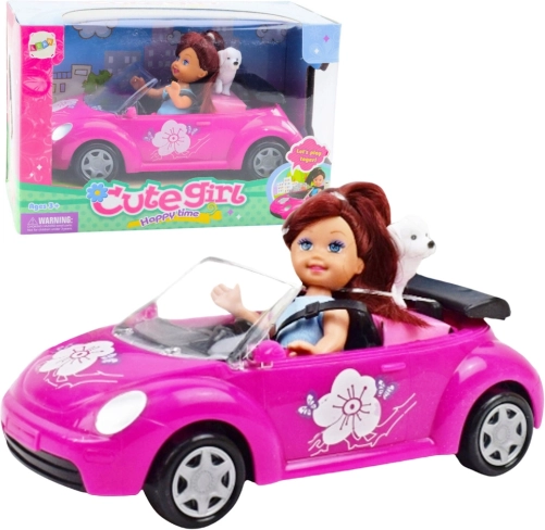 Mini bábika s ružovým kabrioletom a psíkom