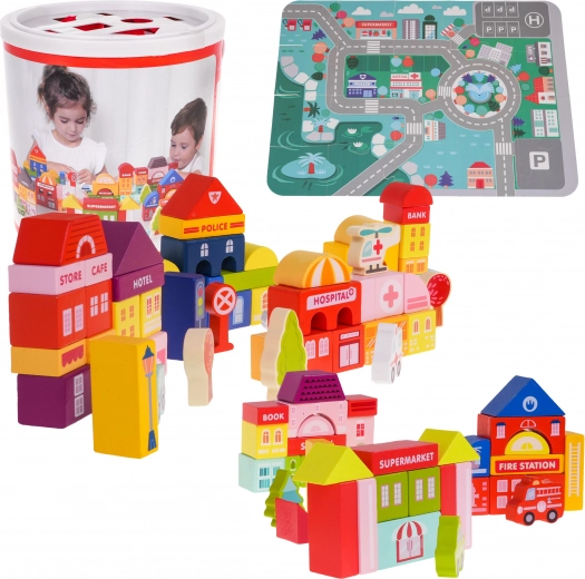 Drevené Kocky Mesto pre Deti 3+ Puzzle Podložka a Tvarový Triedenec