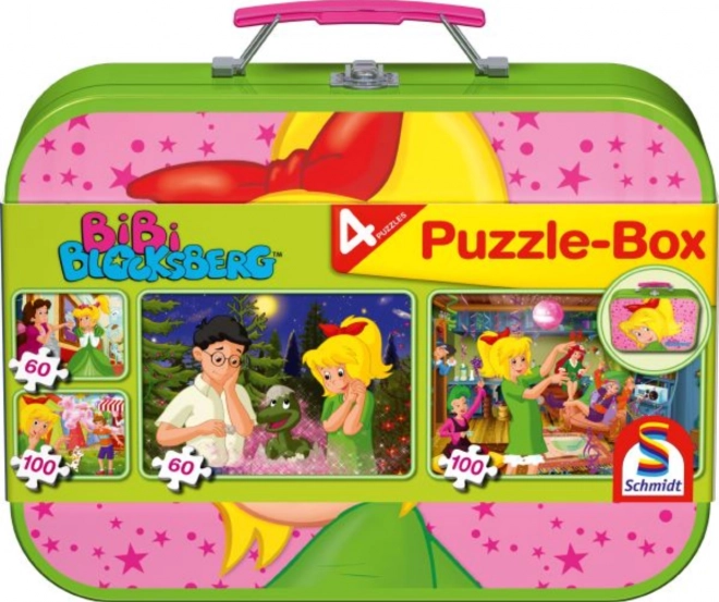 Puzzle Malá čarodejnica Bibi 4v1 v plechovom kufríku (60, 60, 100, 100 dielikov) SCHMIDT