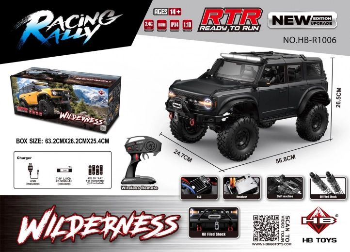RC auto WILDERNESS 1:10, čierne, vodotesné, LED osvetlenie