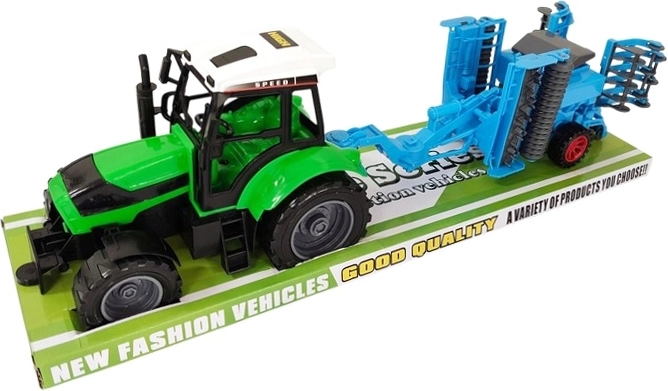 Detský traktor s prídavným poľnohospodárskym strojom