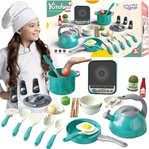 Woopie detská kuchynka s indukciou – hrnce, panvica a kanvica, 30 dielov, zelená