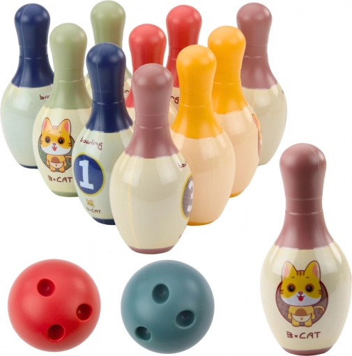 Detský bowlingový set s mačiatkami – 10 kuželiek a 2 farebné gule
