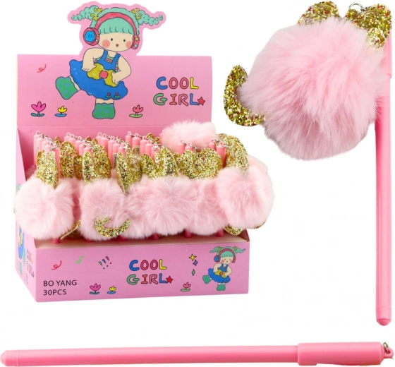 Gélové pero s ružovým pomponom, modrý atrament, 17 cm, 0,5 mm