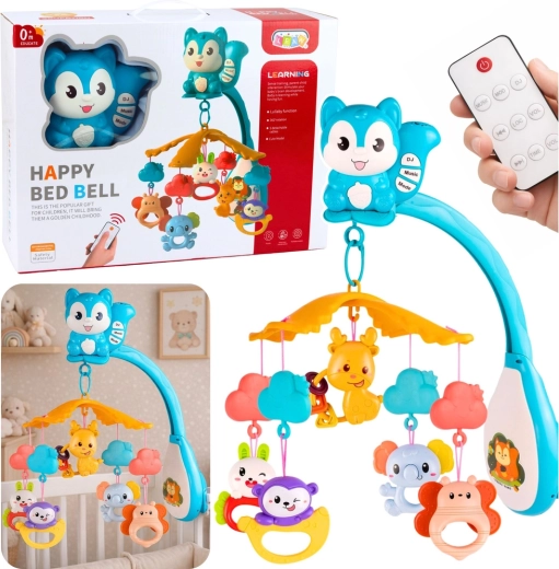 Detský kolotoč nad postieľku s veveričkou, projektorom a diaľkovým ovládaním