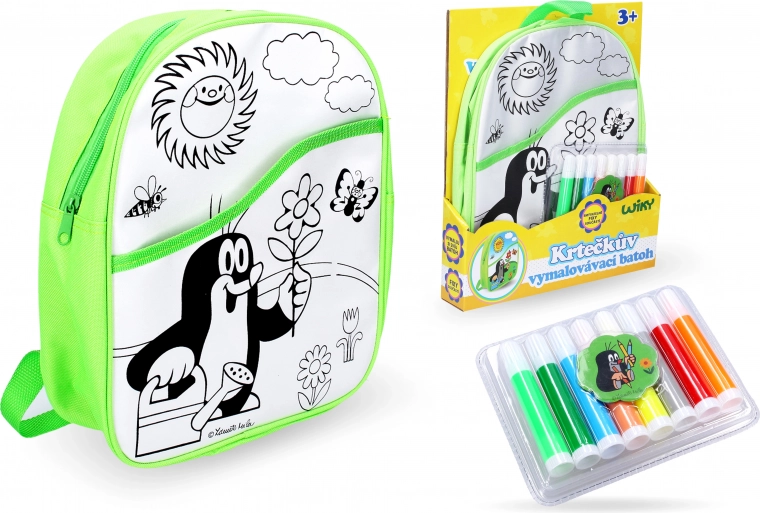 Vymaľovávací batoh Krtko so zeleným podkladom 30 cm + 8 fixiek