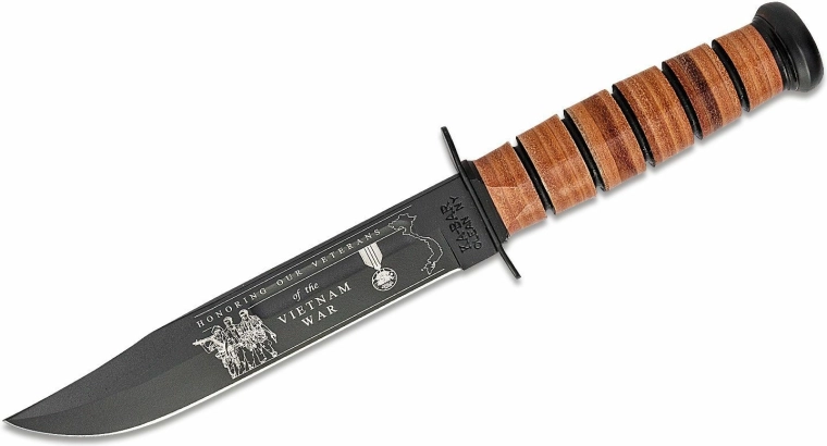 Ka-Bar U.S. Army Vietnam pamätný bojový nôž 17,8 cm, čierny, kožená rukoväť, kožené puzdro