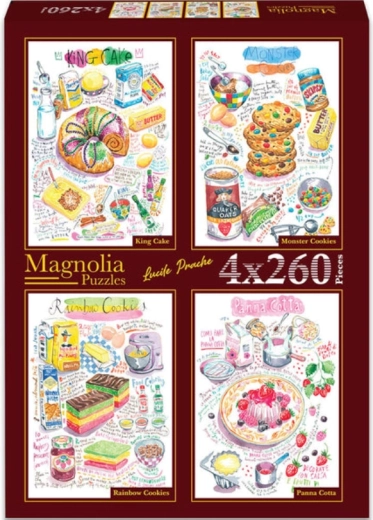 Magnolia puzzle bábovka, strašidelné sušienky, dúhové sušienky a panna cotta 4×260 dielikov