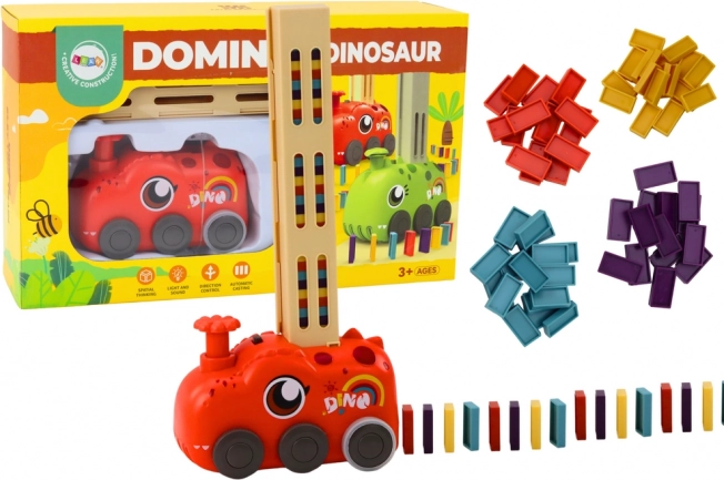 Červený dinosauří vláčik na batérie stavajúci farebné domino