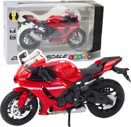 Športový kovový motocykel červený s osvetlením a zvukmi R1 1:12