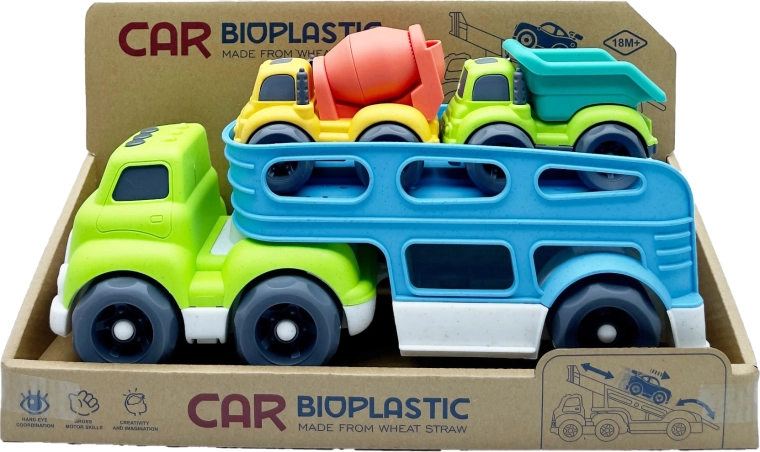 Bioplastový truck prepravník s 2 autíčkami (miešačka a sklápač) 37 cm