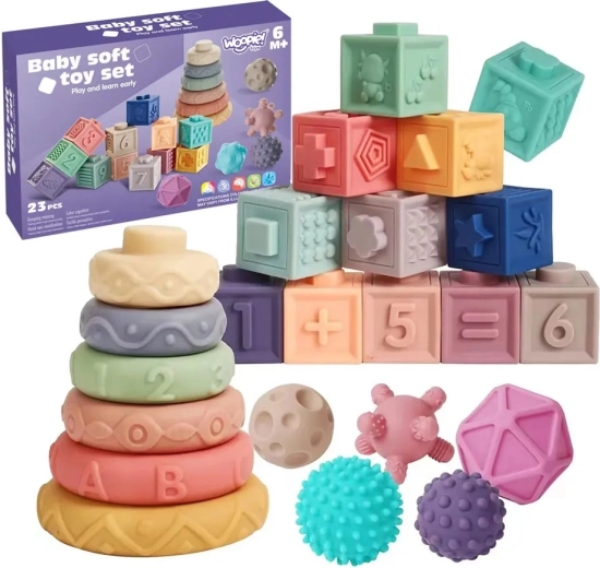 Woopie senzorické stavebné kocky 23 ks s krúžkami a loptičkami