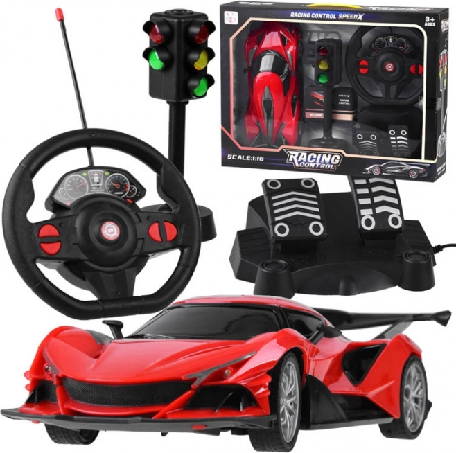 RC športové auto s volantom, pedálmi a semaforom 1:16 – Červená