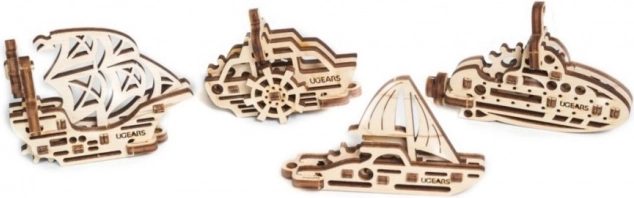 Ugears 3D drevené mechanické puzzle – 4 mechanické prívesky Plavidlá
