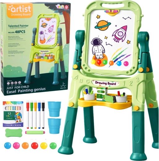 Detská obojstranná magnetická a kriedová tabuľa na stojane, 48 dielov