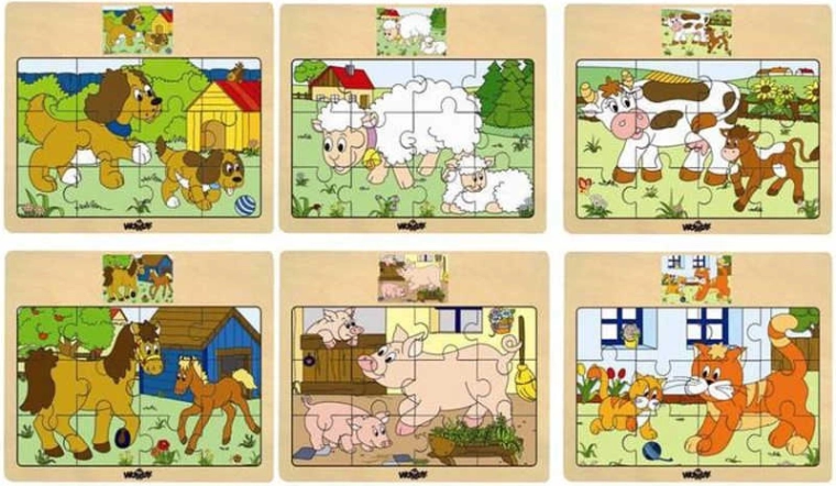 Woody drevené puzzle na doske domáce zvieratká s mláďatkami - 1 kus