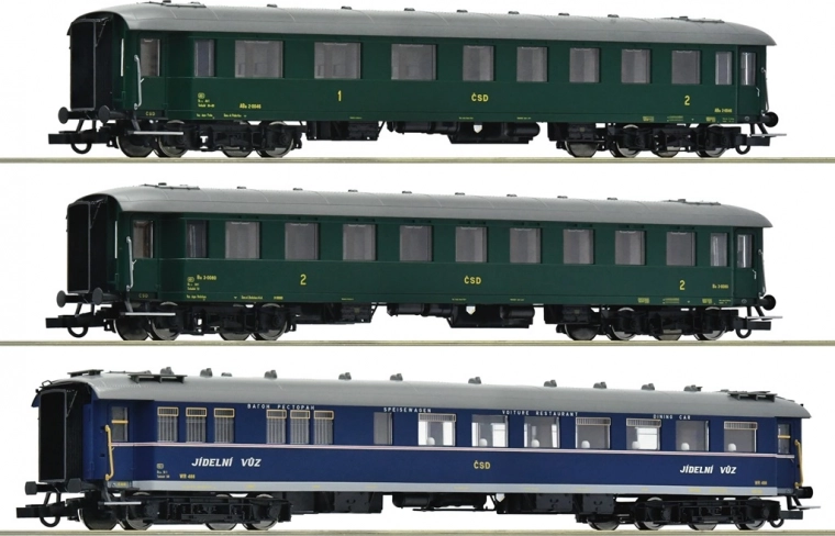 Roco sada 3 osobných vozňov rýchlika ČSD, epocha III–IV, H0