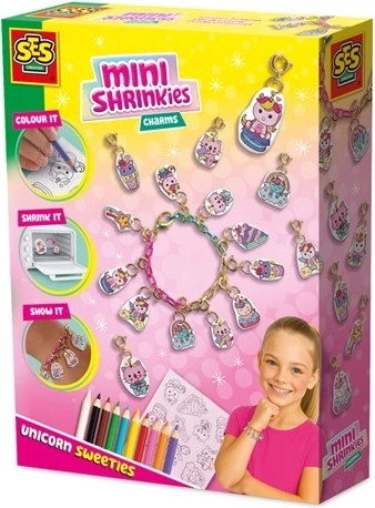 SES Creative Mini Shrinkies – jednorožčie sladkosti, kreatívna sada na prívesky a náramok