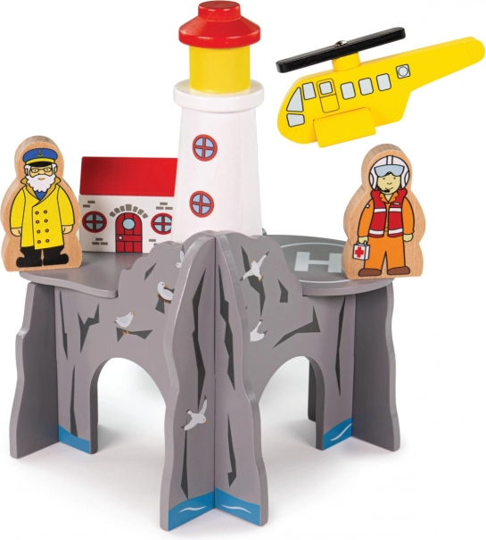 Bigjigs Rail tunel s majákom a heliportom – drevená súprava pre vláčikodráhu