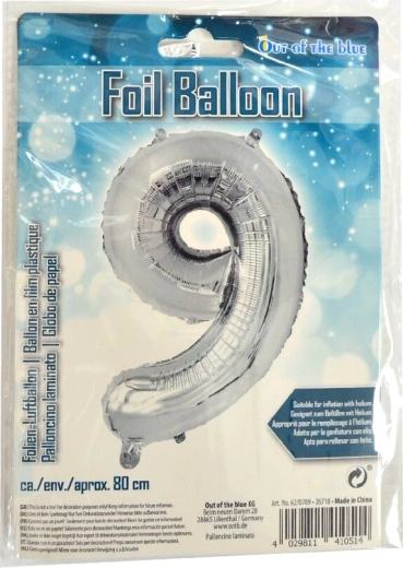Fóliový balónik číslo 9 strieborný 80 cm