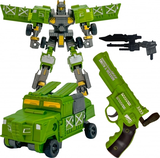 Woopie zelený transformujúci bojový robot 3v1 s vozidlom a vystreľovačom penových šípok