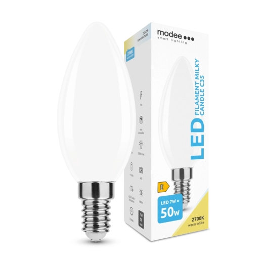 LED žiarovka sviečka E14 7W teplá biela Modee Smart Lighting Milky Candle C35