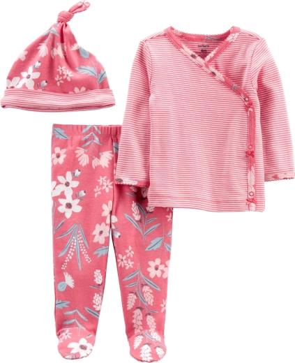 Carter’s dievčenský set Pink Flower – zavinovacie tričko s dlhým rukávom, polodupačky a čiapka