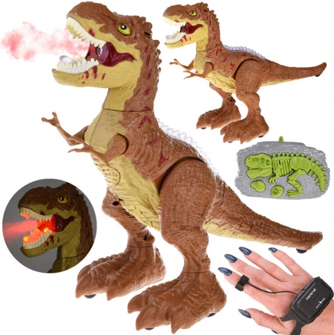 RC dinosaurus ovládaný gestami a diaľkovým ovládačom, svetlá, zvuky a para – Hnedá