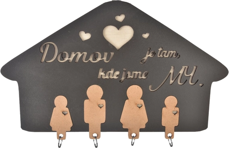 Drevený vešiak na kľúče s nápisom Domov je tam…