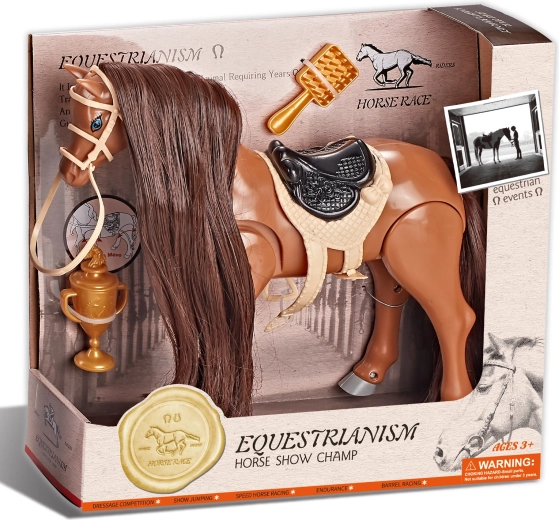 Jazdecký hnedý kôň so zvukom a príslušenstvom