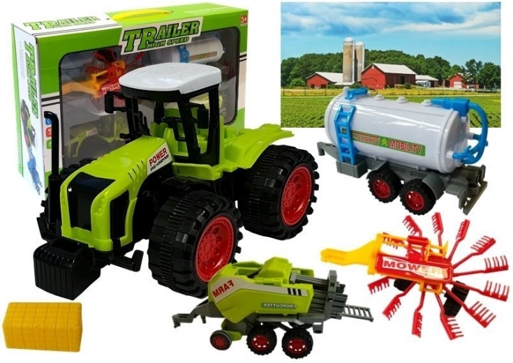 Farmárska sada vozidiel s traktorom, cisternou, obracačom sena a lisom