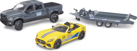 Bruder terénny pick-up RAM s prívesom, športovým vozidlom a figúrkou